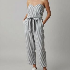 Women’s White Gray Striped Strapless Striped Belted Jumpsuit Medium